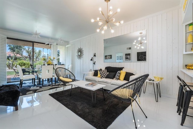 living room featuring ceiling fan with notable chandelier and light tile patterned flooring