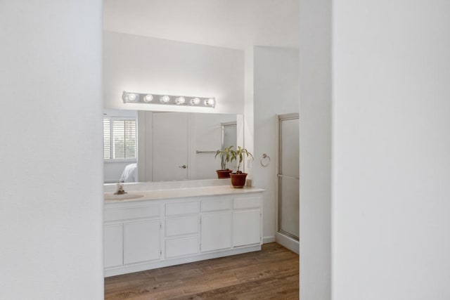 bathroom featuring an enclosed shower, wood-type flooring, and vanity