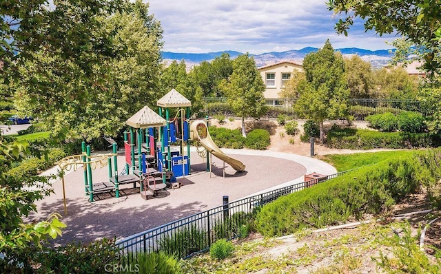 view of play area with a mountain view