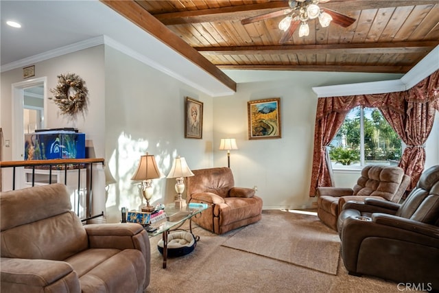 living room with ceiling fan, vaulted ceiling with beams, wood ceiling, carpet flooring, and crown molding