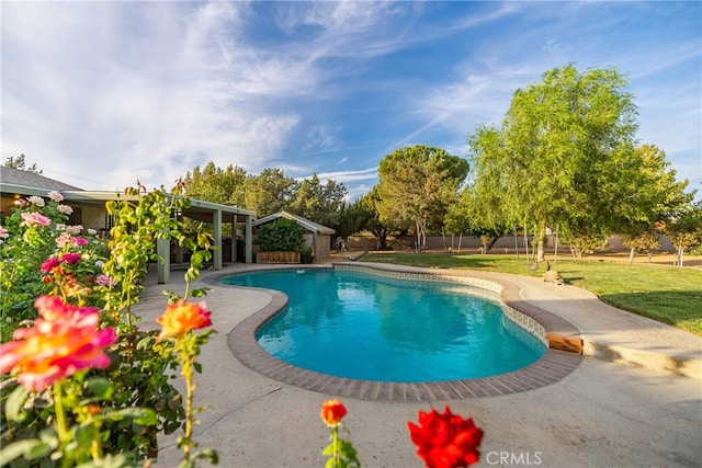 view of pool featuring a lawn and a patio area