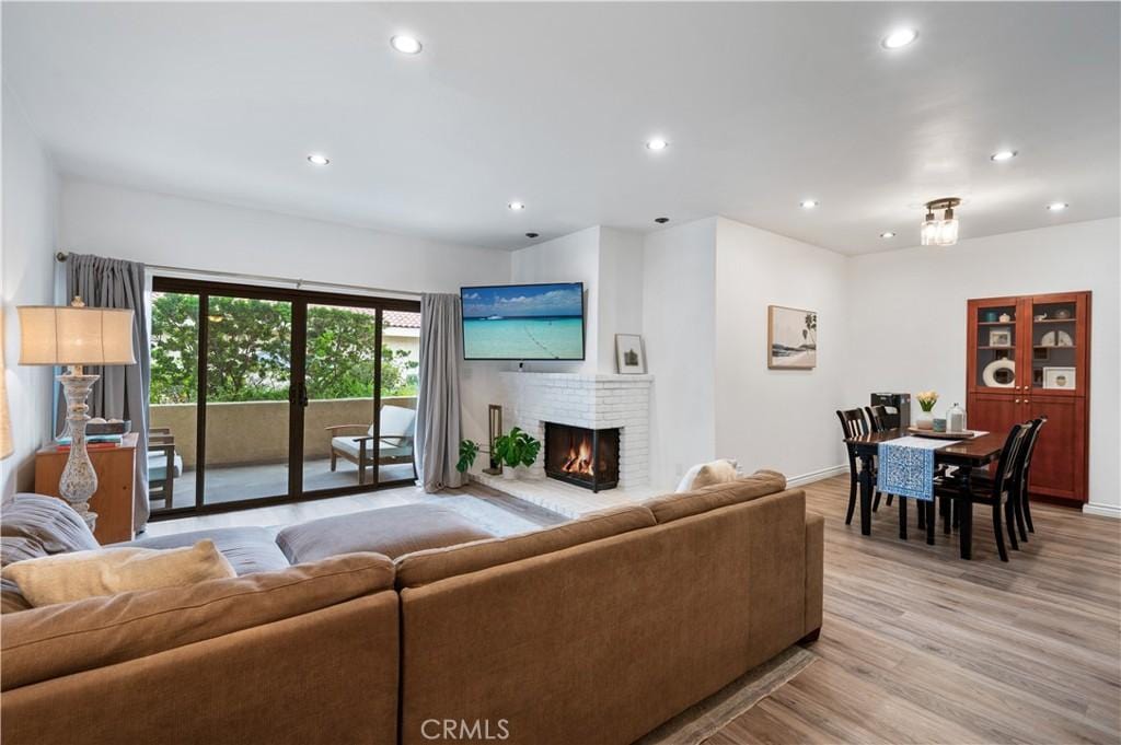 living room featuring light wood-type flooring and a fireplace