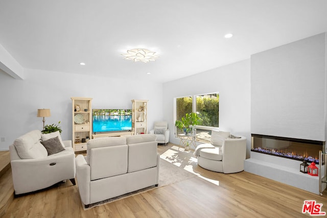 living room with light wood-type flooring and a large fireplace