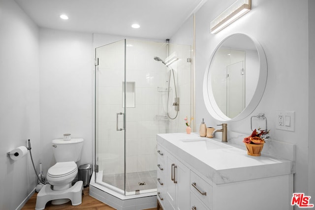 bathroom with vanity, wood-type flooring, a shower with shower door, and toilet