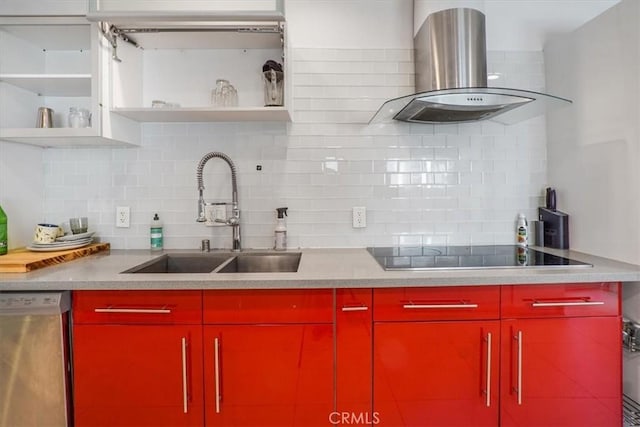 kitchen with sink, stainless steel dishwasher, black electric cooktop, range hood, and tasteful backsplash