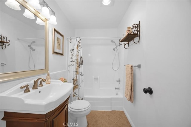 full bathroom with toilet, vanity, and shower / bathtub combination with curtain