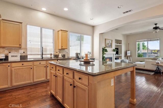 kitchen with dark hardwood / wood-style flooring, tasteful backsplash, a kitchen island, and sink