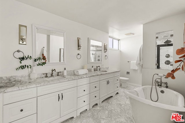 bathroom with a tub, toilet, and vanity