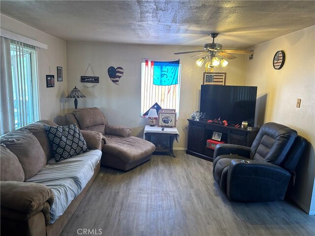 living room with ceiling fan, hardwood / wood-style floors, and a textured ceiling