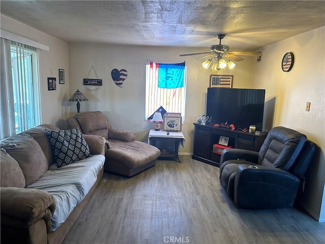 63737 Gibson Rd, Joshua Tree, CA 92252 - living area with wood finished floors, plenty of natural light, ceiling fan, and a textured ceiling