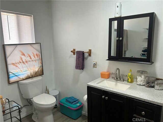 bathroom with vanity, wood-type flooring, and toilet