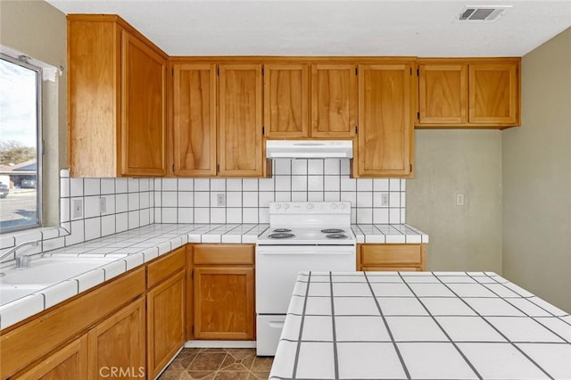 kitchen featuring electric range, visible vents, tile countertops, under cabinet range hood, and backsplash