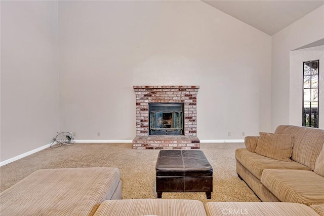 living room with carpet floors, a brick fireplace, baseboards, and high vaulted ceiling