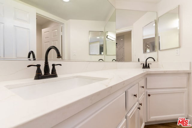 bathroom with hardwood / wood-style floors and vanity