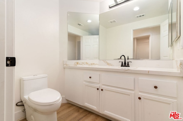 bathroom with vanity, wood-type flooring, and toilet