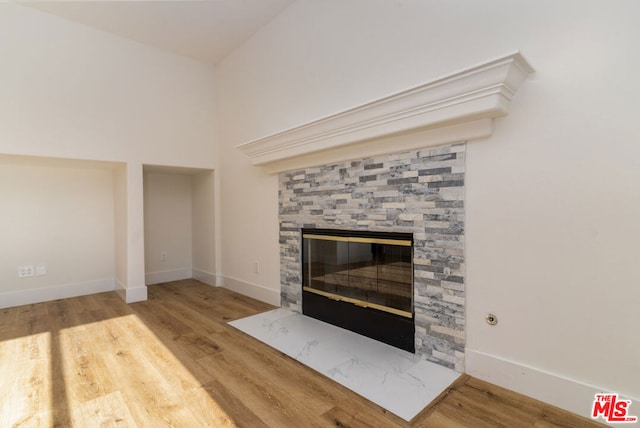 room details with a stone fireplace and wood-type flooring