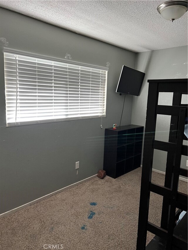 carpeted bedroom with multiple windows and a textured ceiling