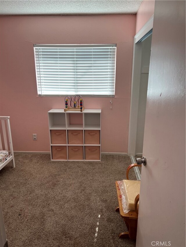 bedroom featuring carpet and a textured ceiling