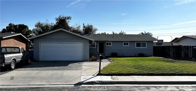 single story home with a garage and a front lawn