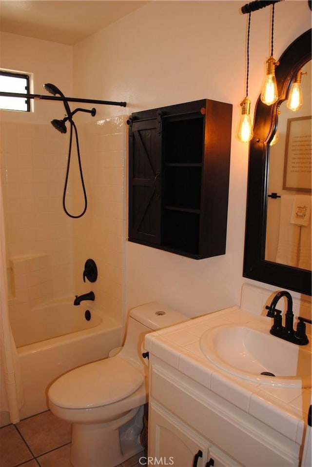 full bathroom featuring toilet, tile patterned floors, vanity, and shower / tub combo with curtain