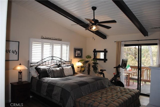 bedroom with vaulted ceiling with beams, ceiling fan, access to outside, and multiple windows