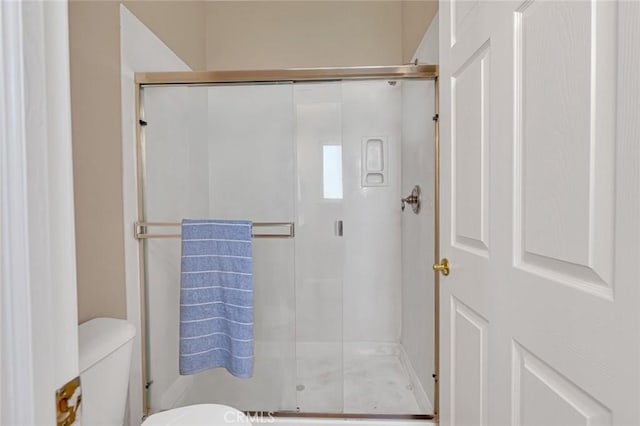 bathroom with a shower stall and toilet