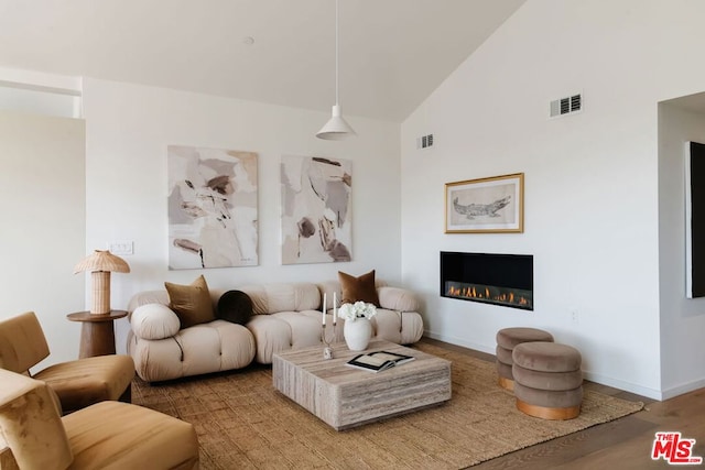 living room featuring hardwood / wood-style floors and high vaulted ceiling