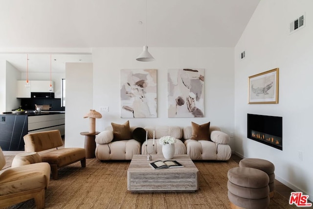 living room with wood-type flooring and lofted ceiling