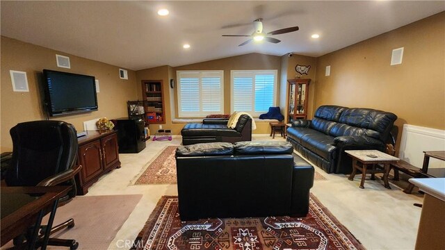 carpeted living room with lofted ceiling and ceiling fan