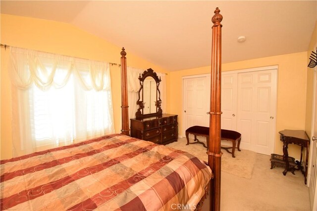 bedroom featuring carpet, vaulted ceiling, and a closet