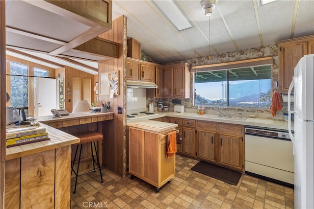 kitchen with wood walls, white appliances, sink, and a wealth of natural light