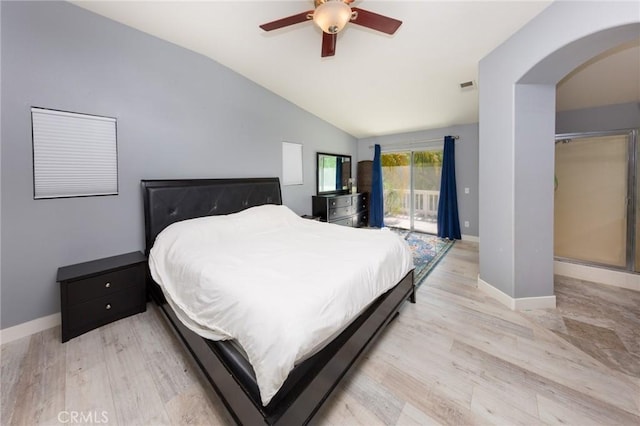 bedroom featuring access to exterior, light wood-type flooring, ceiling fan, and lofted ceiling