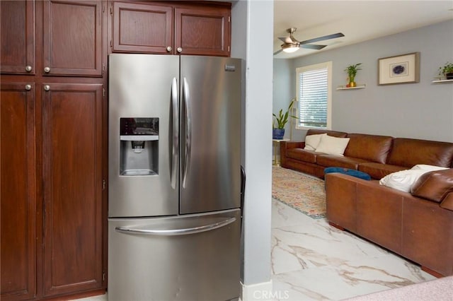 kitchen featuring stainless steel refrigerator with ice dispenser and ceiling fan