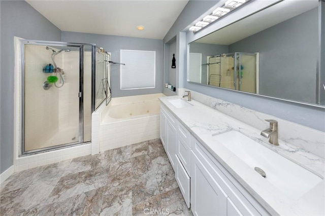 bathroom featuring plus walk in shower, vanity, and lofted ceiling