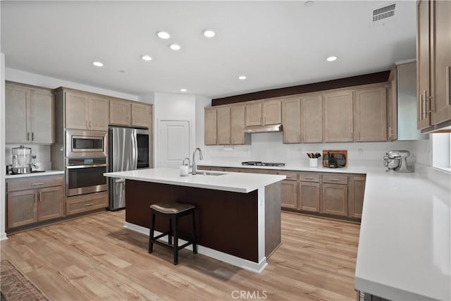 kitchen featuring a center island with sink, sink, light hardwood / wood-style flooring, a kitchen breakfast bar, and stainless steel appliances