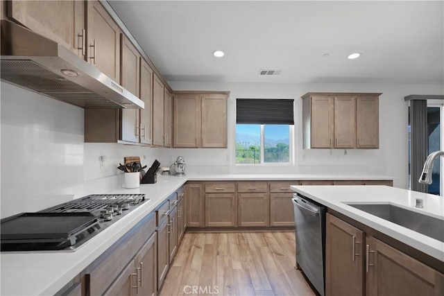 kitchen featuring sink, appliances with stainless steel finishes, and light wood-type flooring