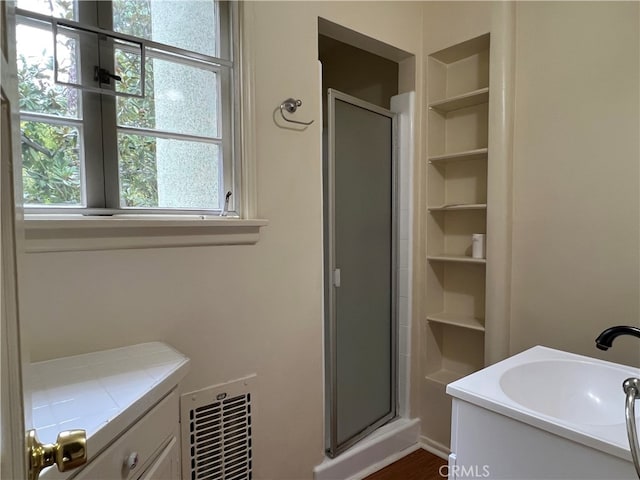 bathroom featuring built in shelves, vanity, and a shower with door