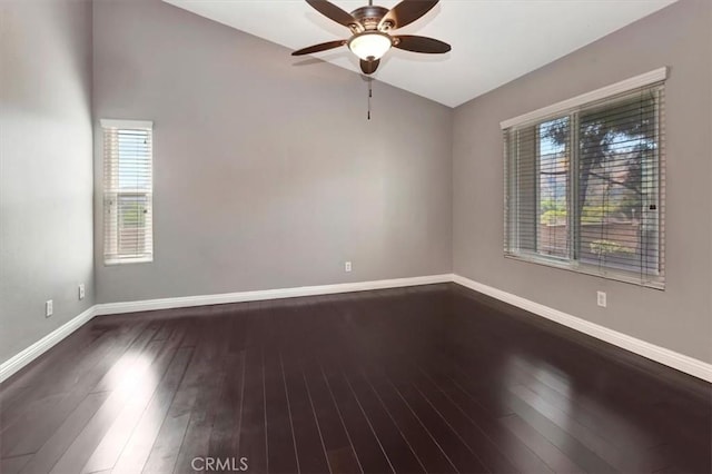 23556 Cambridge Rd Unit 327, Yorba Linda, CA 92887 - empty room featuring baseboards, dark wood-type flooring, ceiling fan, and lofted ceiling
