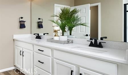 bathroom with hardwood / wood-style floors and vanity