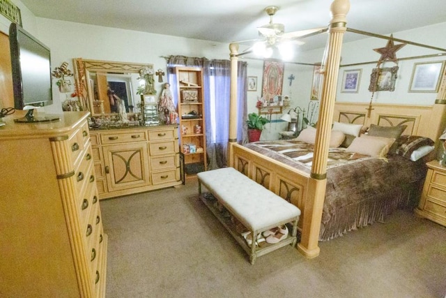 bedroom featuring ceiling fan and light colored carpet