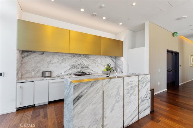 kitchen with backsplash, white cabinetry, and dark wood-type flooring