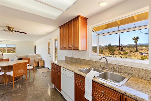 kitchen featuring ceiling fan, dishwasher, a healthy amount of sunlight, and sink