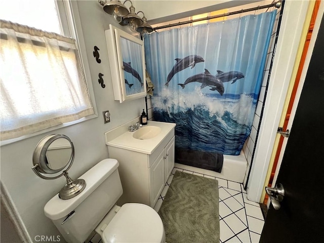 full bathroom with shower / bath combo with shower curtain, tile patterned floors, vanity, and toilet