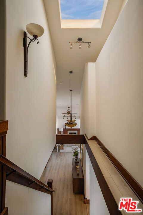 staircase featuring wood-type flooring and a skylight