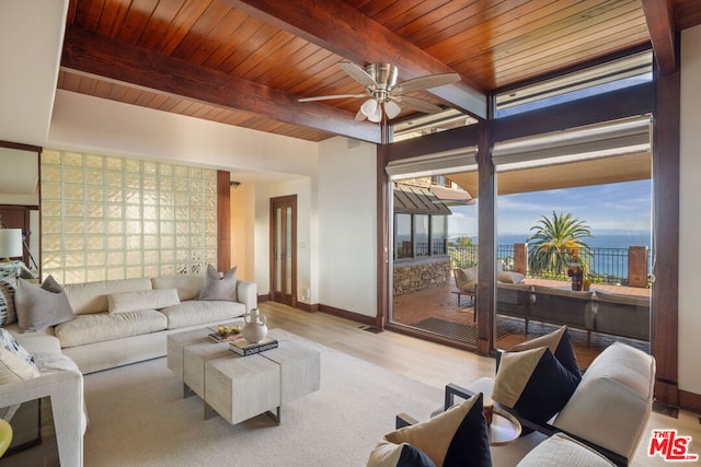 living room with ceiling fan, beamed ceiling, wooden ceiling, and light wood-type flooring