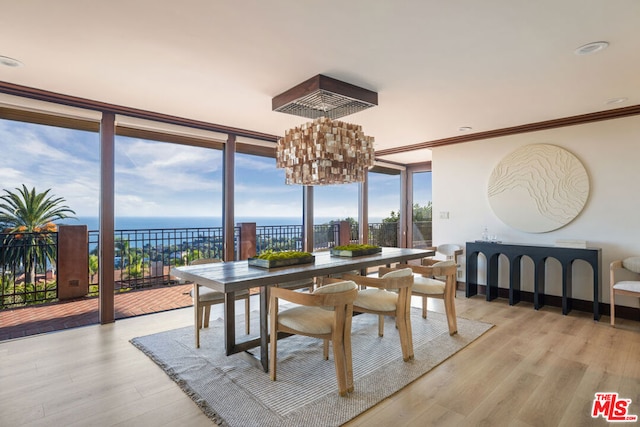 dining space with a wealth of natural light, crown molding, a water view, and light wood-type flooring