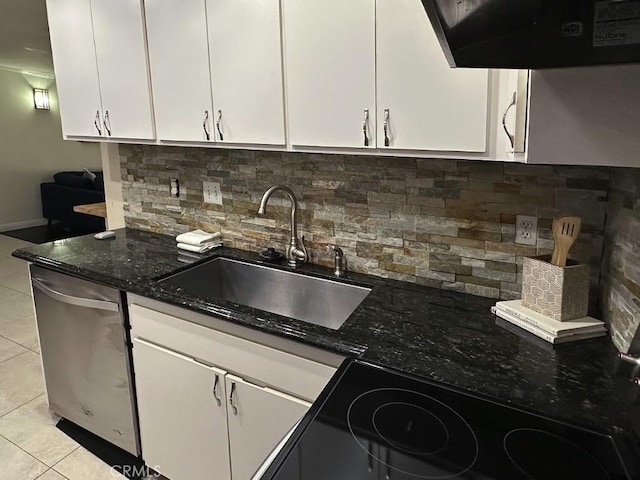 kitchen featuring light tile patterned floors, backsplash, stainless steel dishwasher, and extractor fan