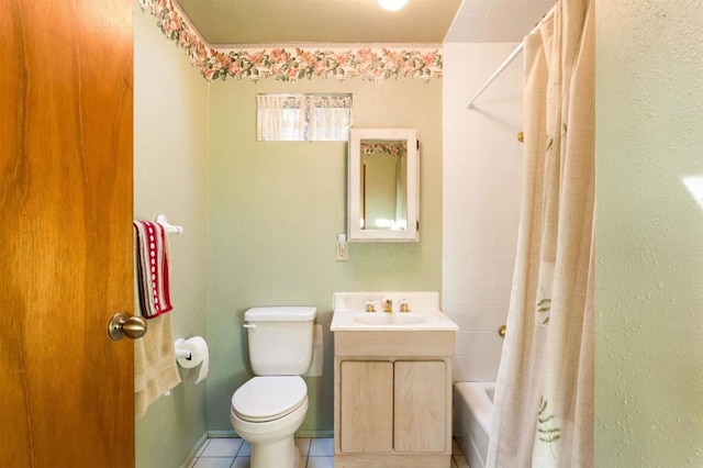 full bathroom featuring shower / bathtub combination with curtain, vanity, tile patterned floors, and toilet