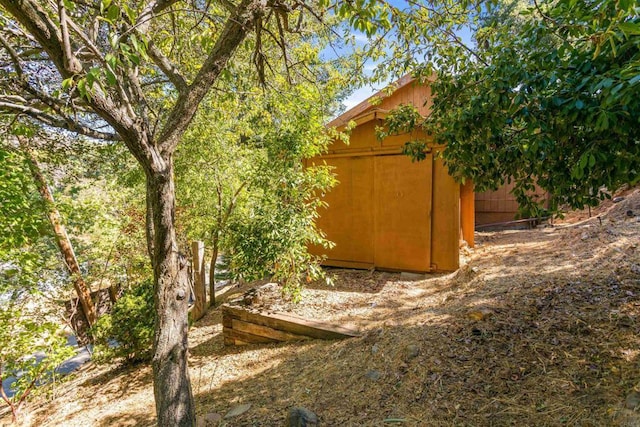 view of yard featuring a storage unit