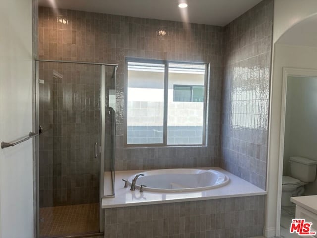 full bathroom featuring vanity, toilet, and plus walk in shower